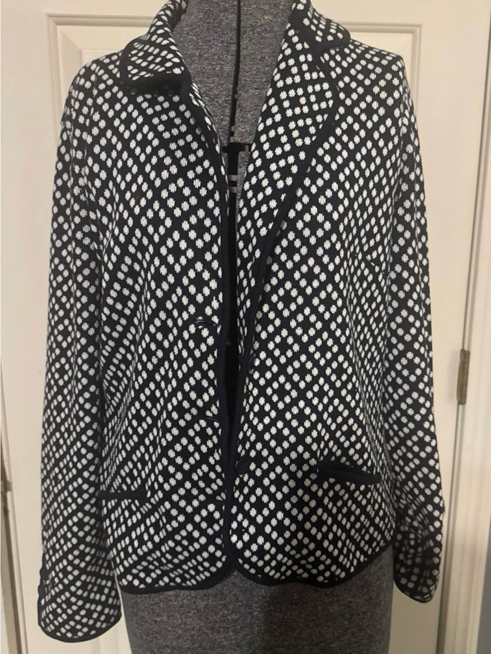 Talbots Black and White Dot Knit Open Front Blazer